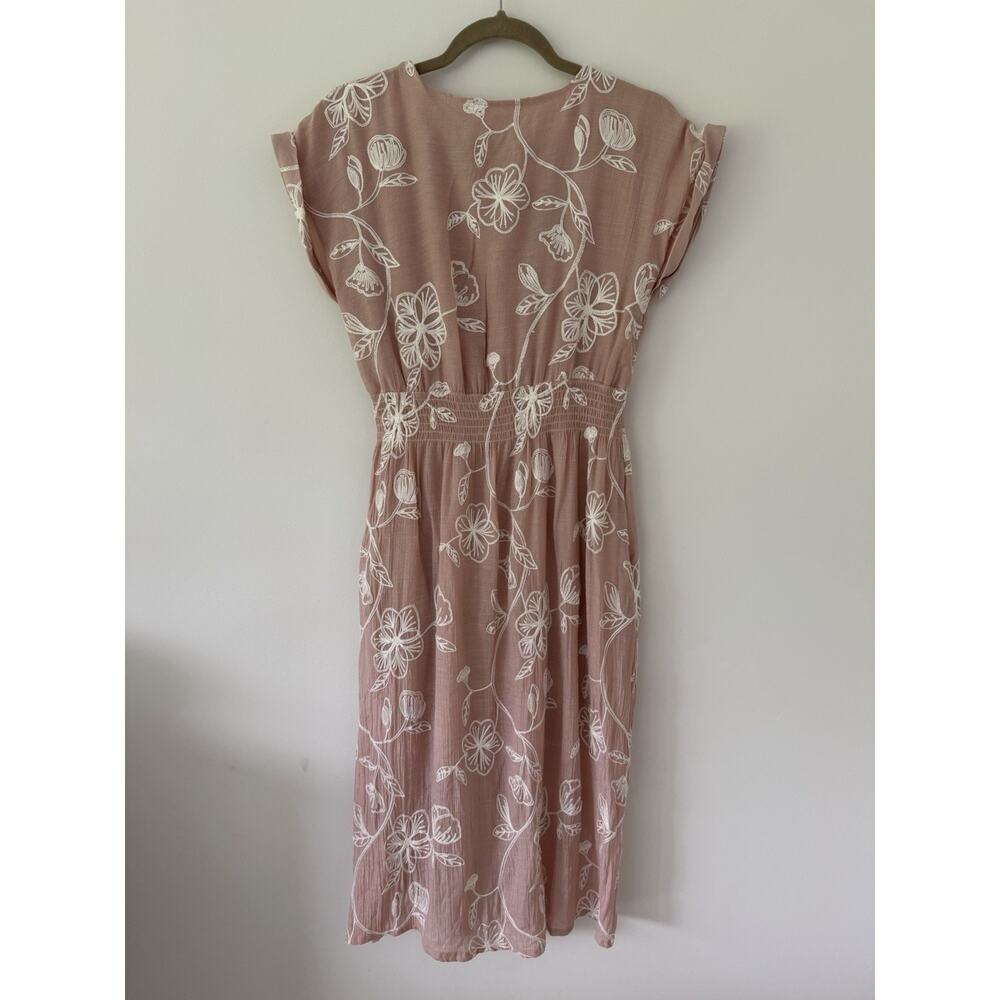 Kindred Embroidered Floral Midi Dress M Dusty Rose Zip Front Boho Cottagecore - Picture 7 of 9